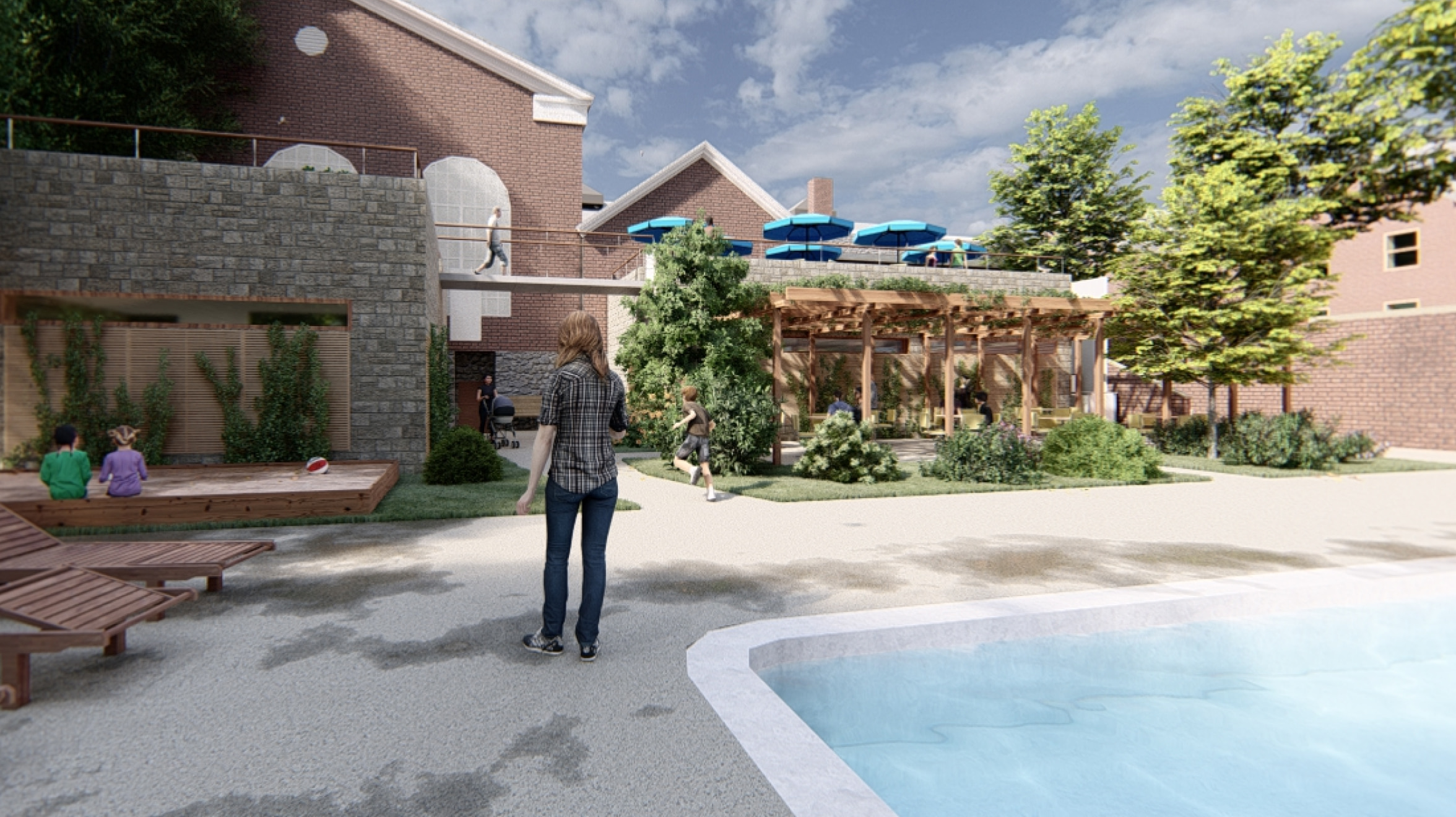 A mom and two kids are spending time next to the outdoor swimming pool