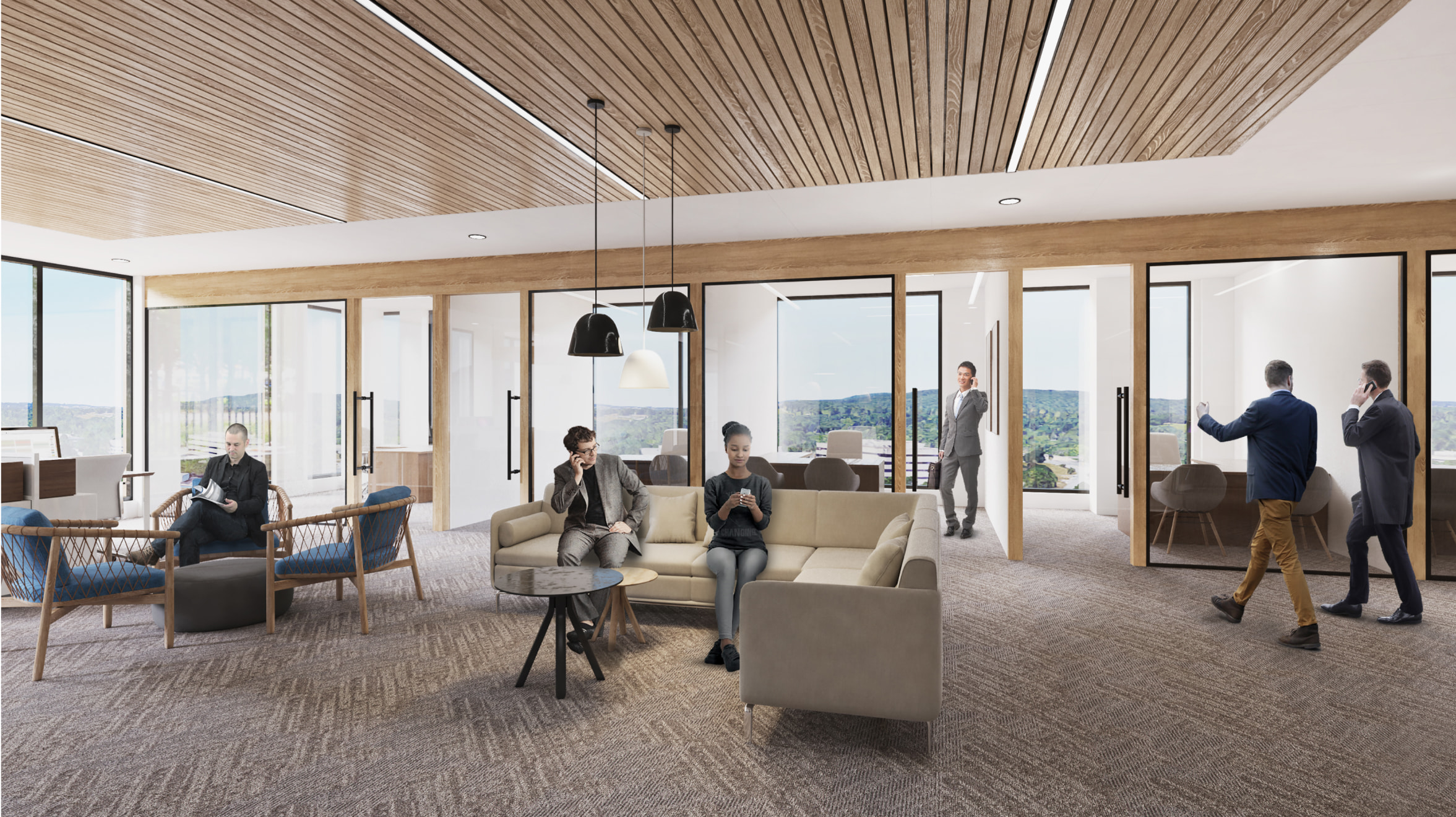 Office area of 650 Park Avenue. There are some common areas where people are sitting and cubicle offices