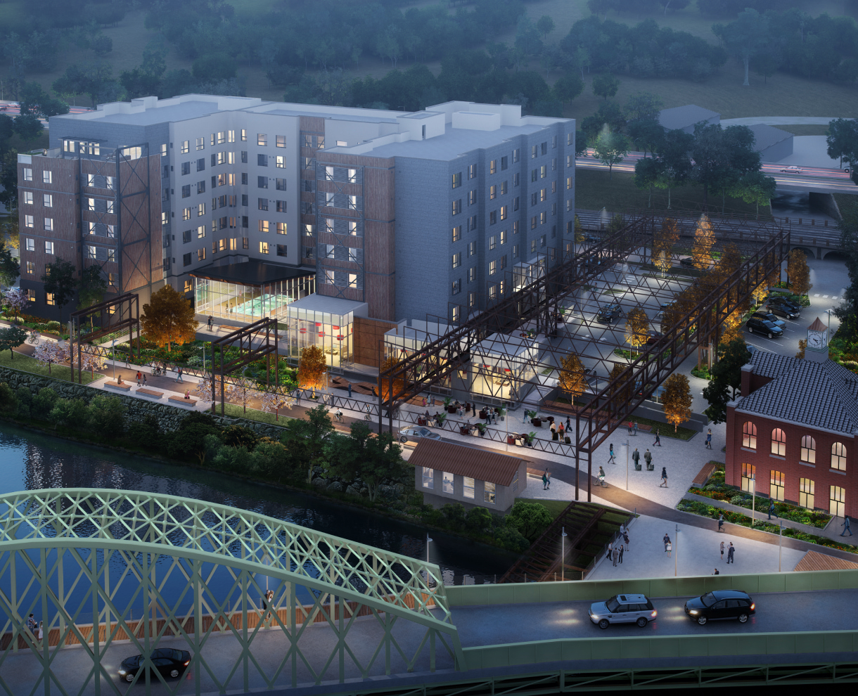 Pencoyd rendering image with overall view including the whole building, indoor pool, outdoor patio, people are walking around, and etc