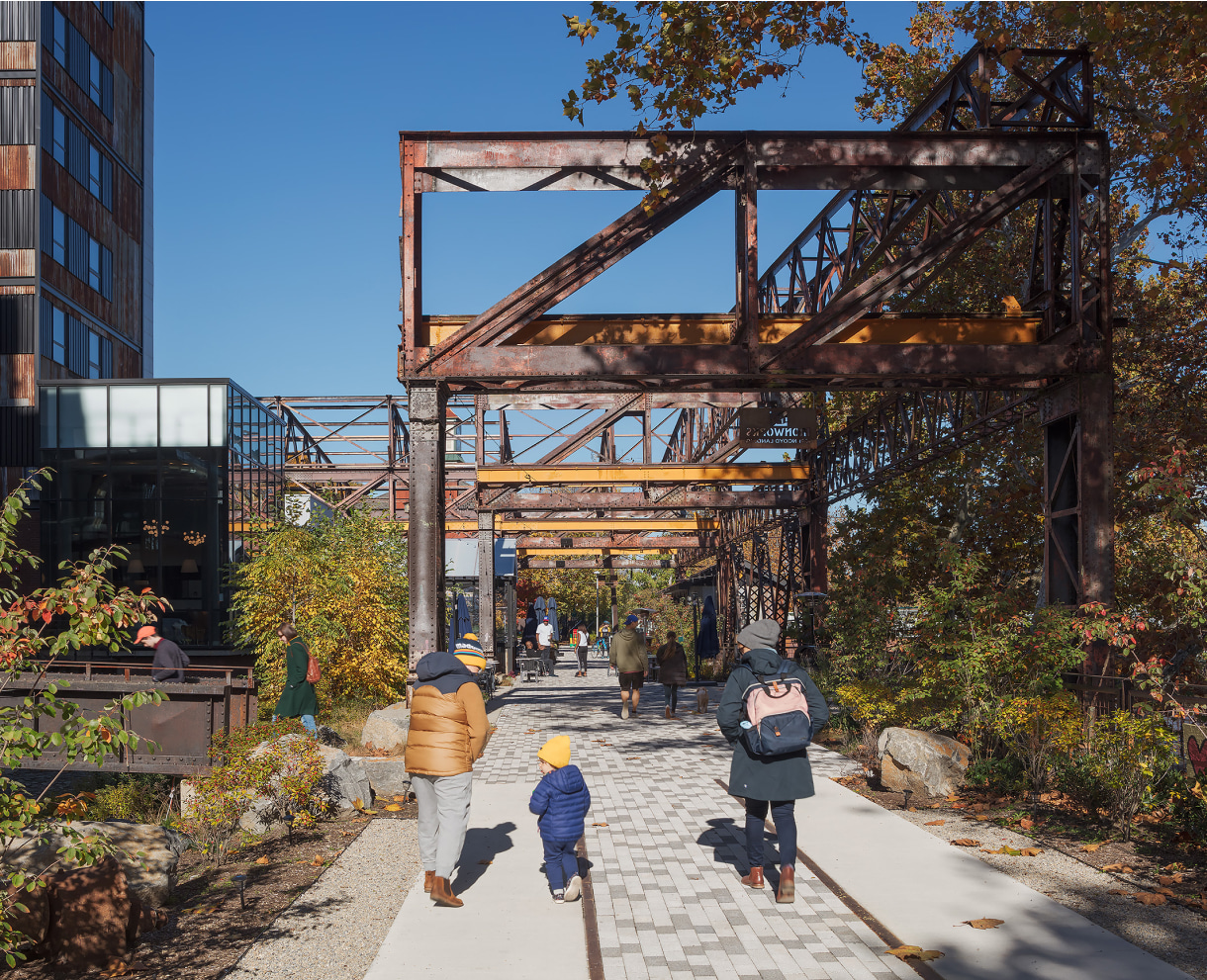 Pencoyd outdoor image with people walking around below the trusses