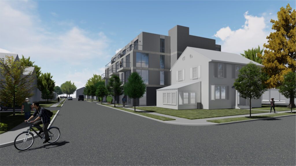 Exterior view of 60 North Tulane with a man riding a bicycle, people walking around, and a car passing by.
