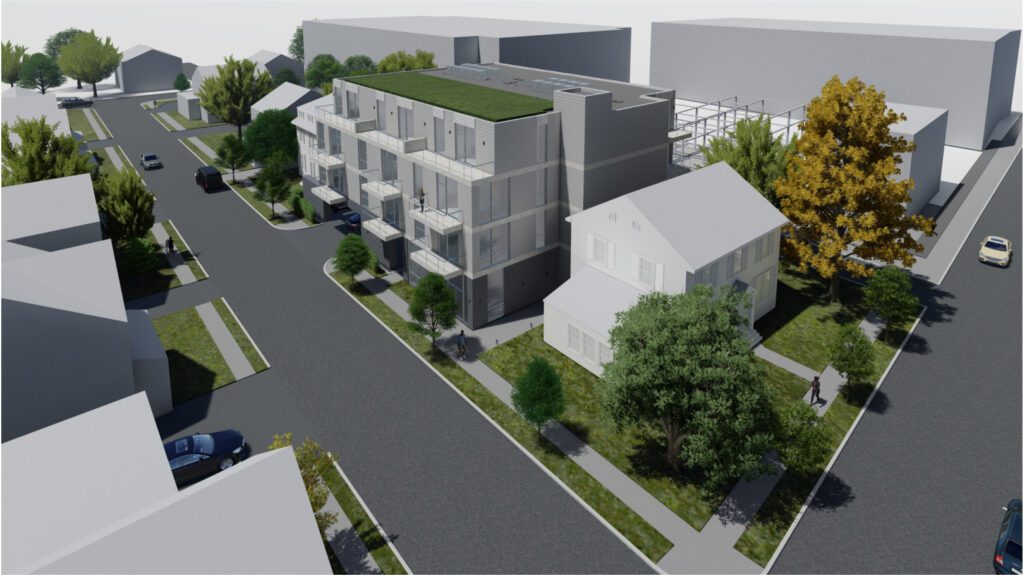 Exterior aerial view of 60 North Tulane - a townhouse surrounded by white houses