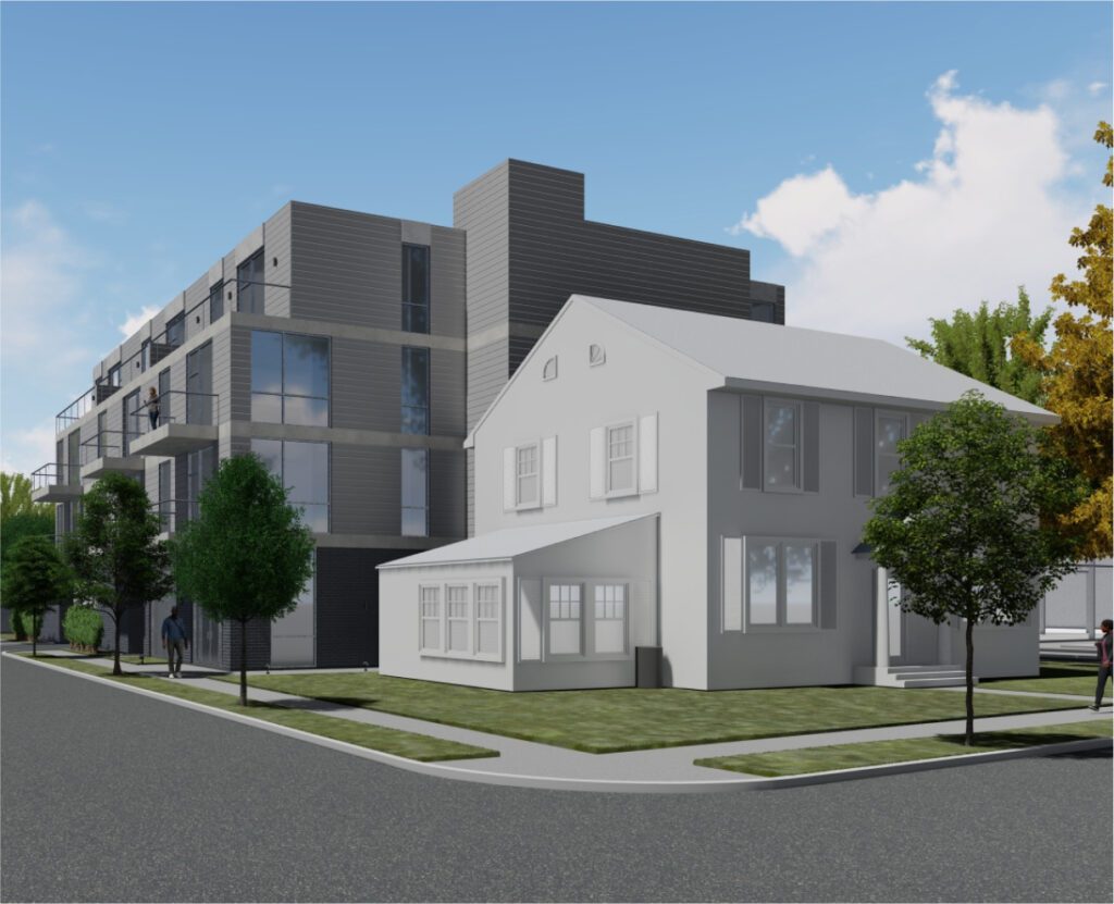 Exterior view of 60 North Tulane - A white two-story house and a gray-tone multi-unit apartment building with a man walking around and a woman standing on a balcony
