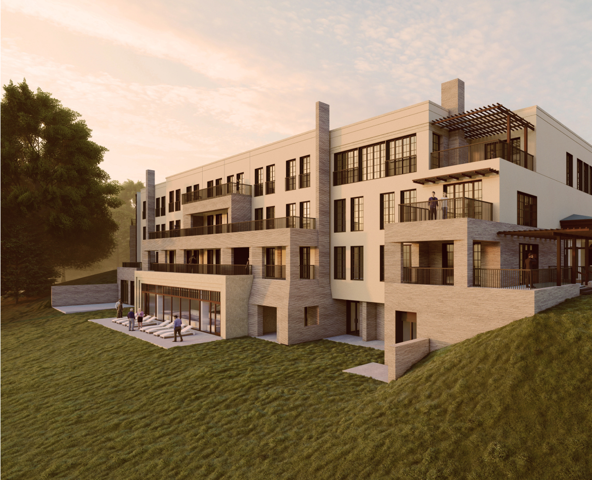 Four-stories resort building, where people are spending time together