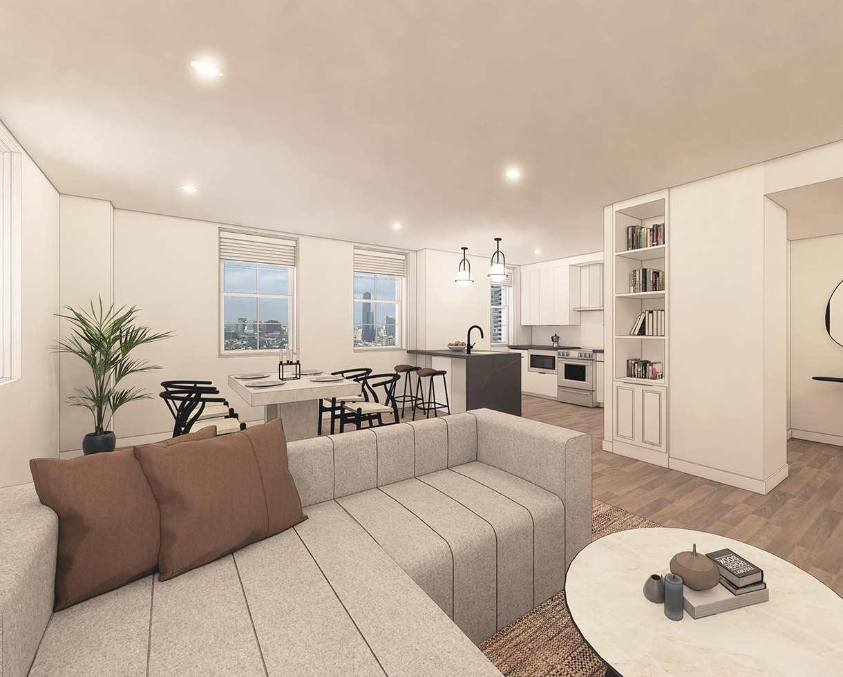 rendering of an apartment, showcasing the kitchen and family room