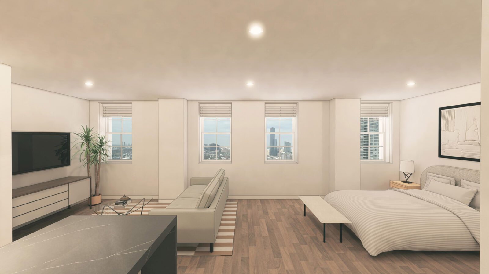 rendering of a bedroom, the windows have a view of the Philadelphia skyline
