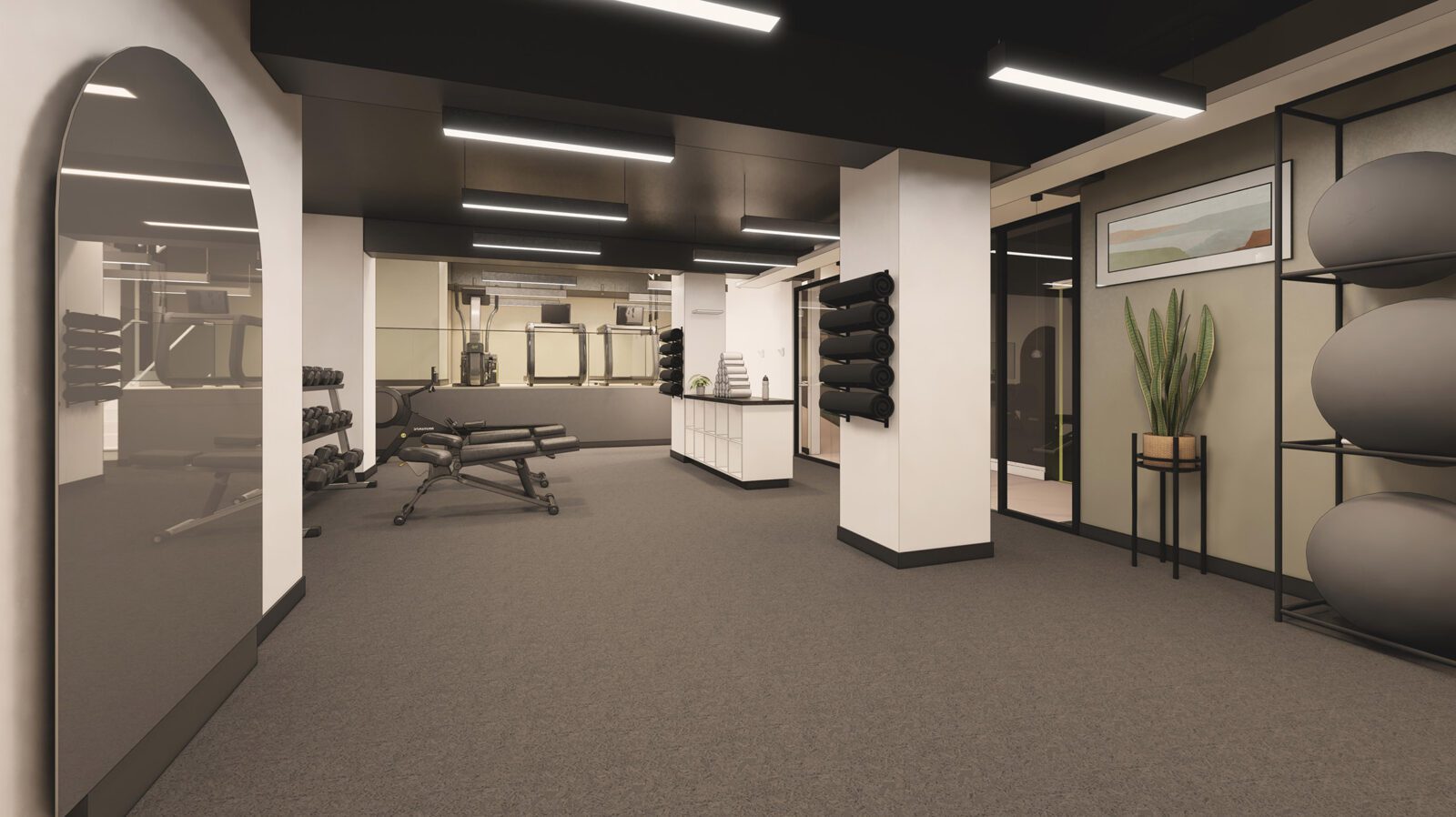 rendering of the Muse's basement fitness center. floor to ceiling mirrors give the illusion of a much larger space