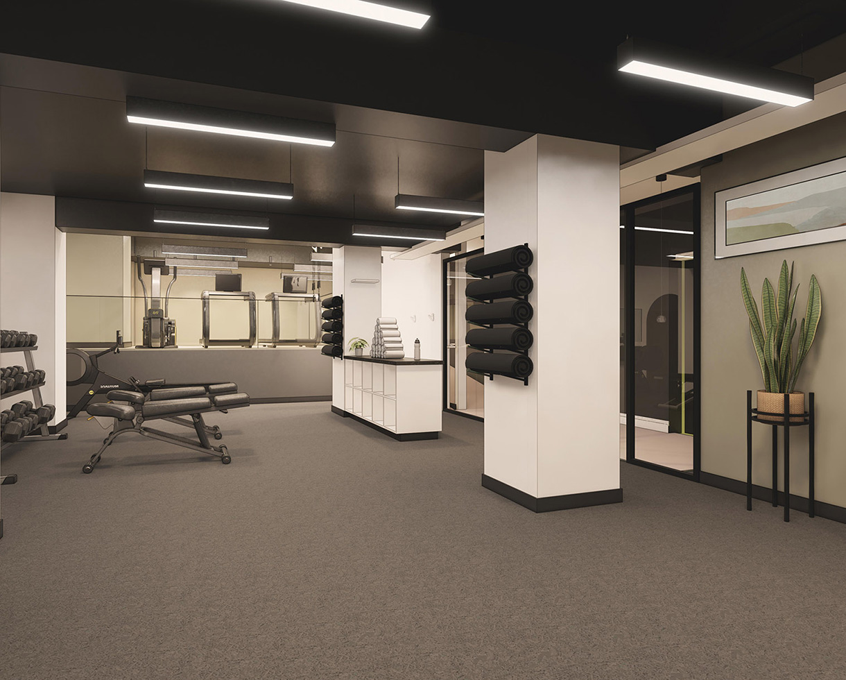 rendering of the Muse's basement fitness center. floor to ceiling mirrors give the illusion of a much larger space