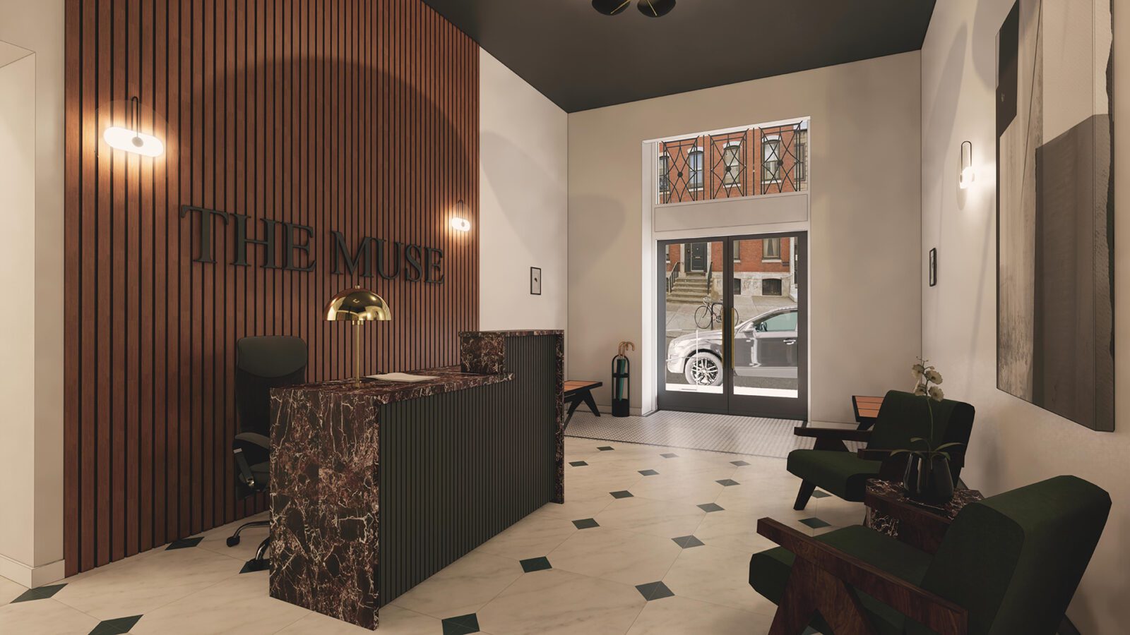 rendering of the Muse's new lobby. a wood paneled wall backdrop behind the black marble reception desk makes for a striking entry
