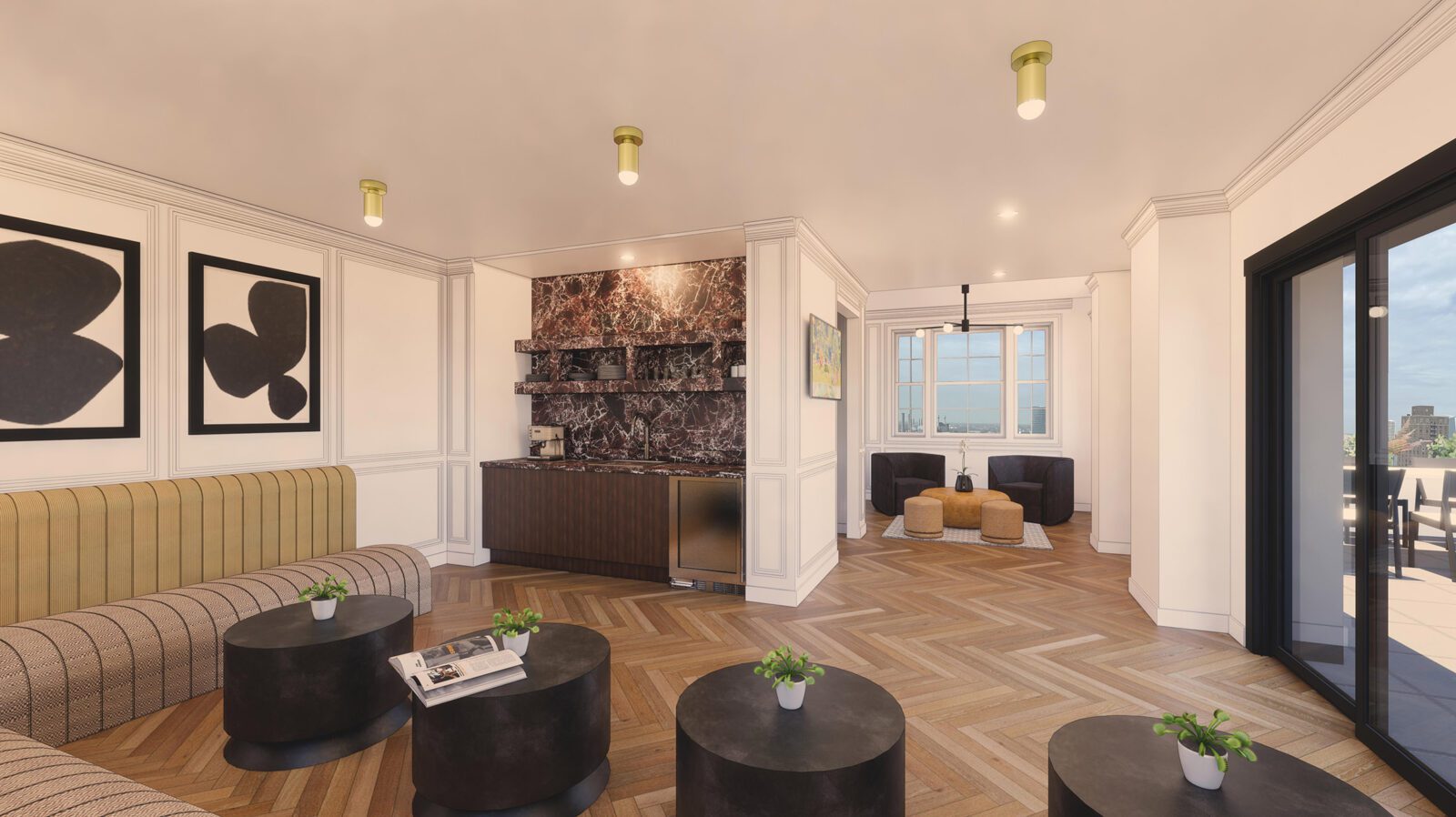 rendering of the Muse's lounge, including a kitchenette and a variety of casual seating options
